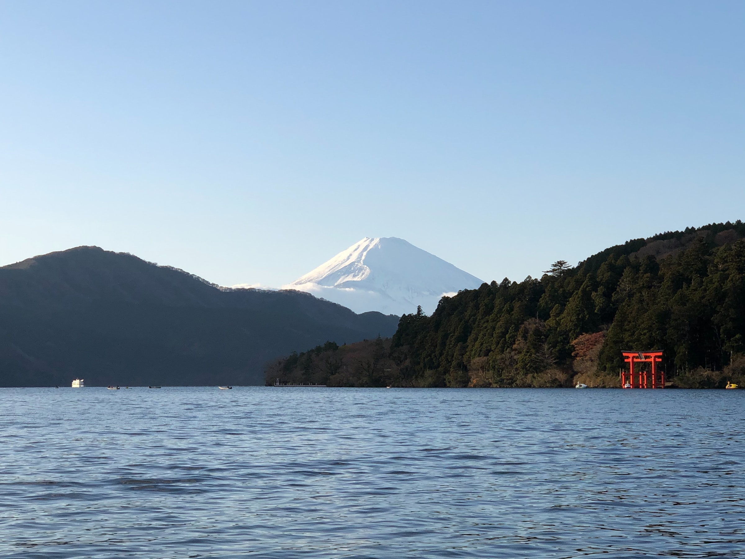Lake Ashi, Hakone, with a red Torii in the water