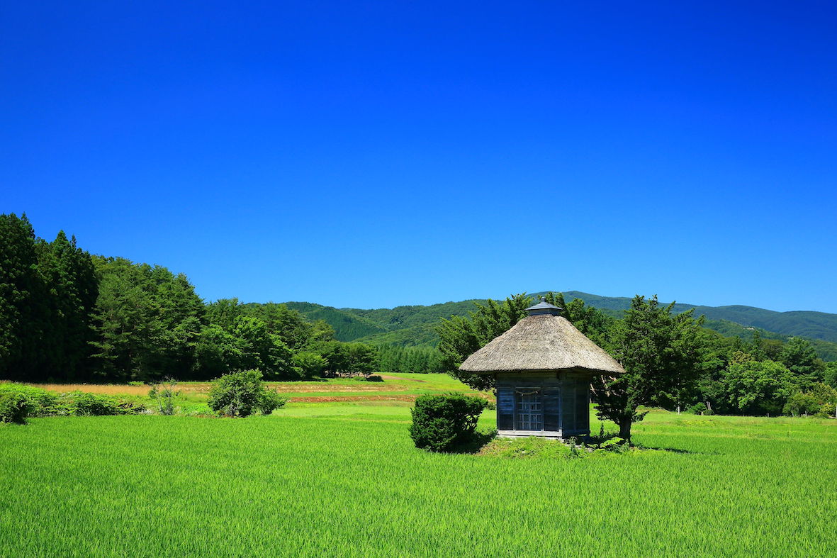 Sanctuaire au milieu des rizières dans la région de Tono - Tohoku, Japon