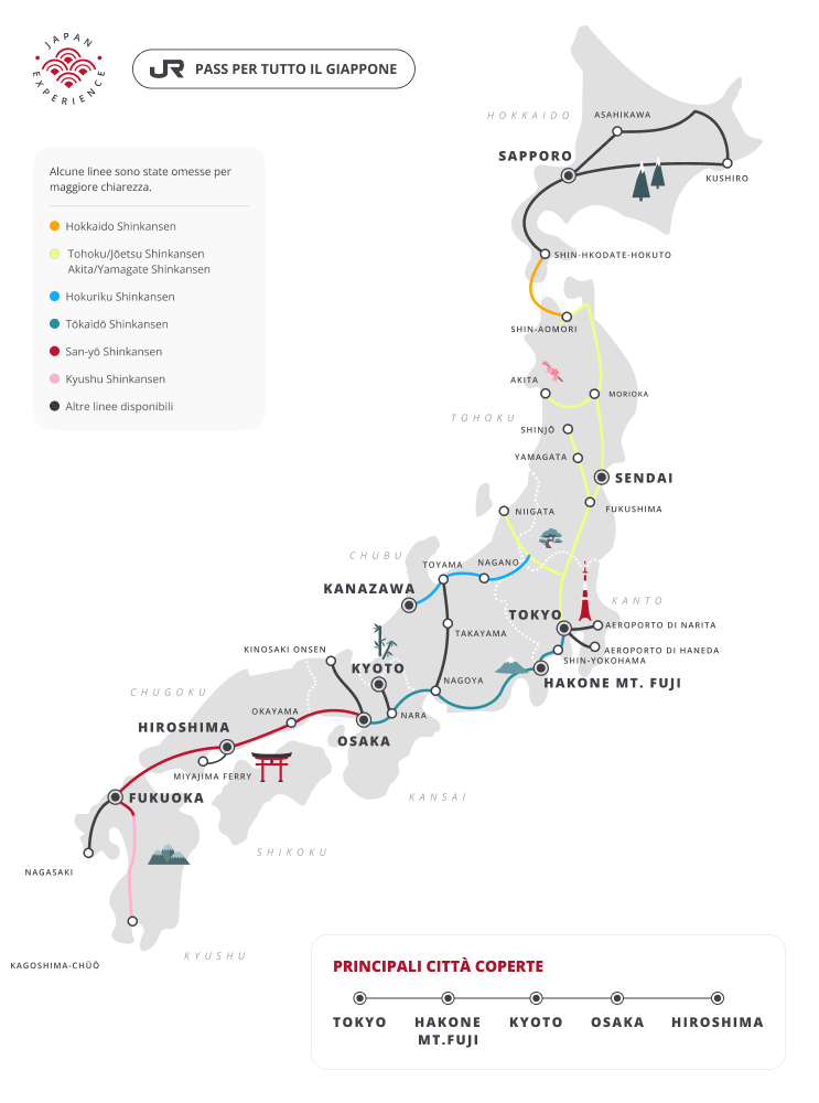 Mappa del JR Pass per tutto il Giappone