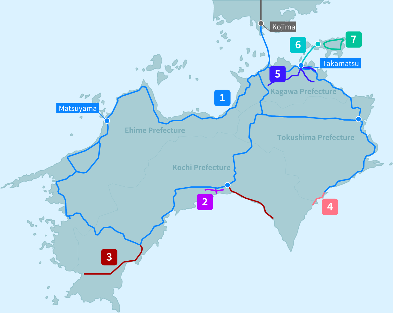 Map showing valid train routes and areas for the All Shikoku Rail Pass.