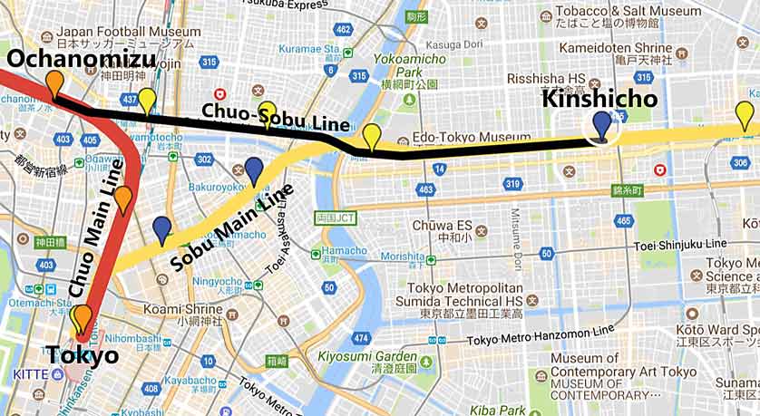 Chuo-Sobu Line (black), where it joins the Sobu Main Line (yellow) and Chuo Main Line (red).