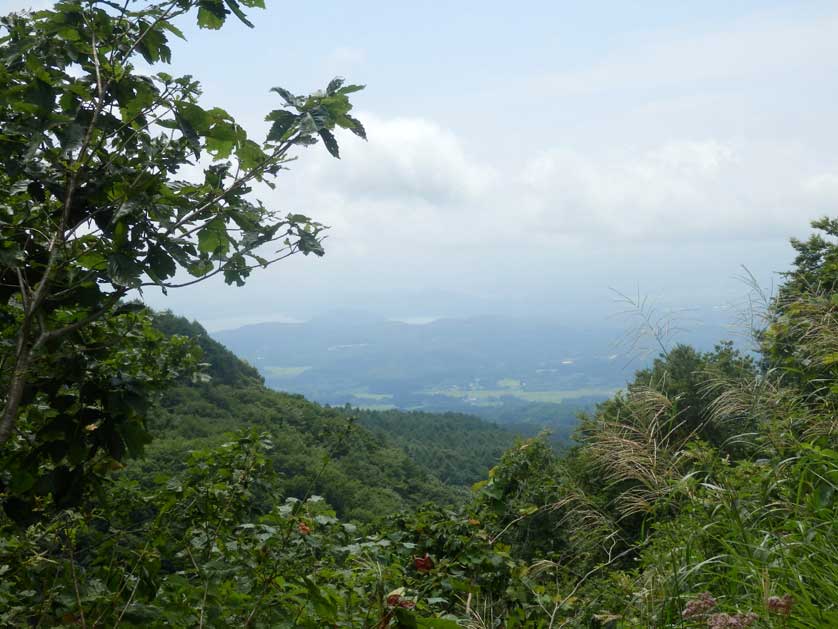 View from the Bandai-san Gold Line towards Lake Inawashiro on a hazy day.