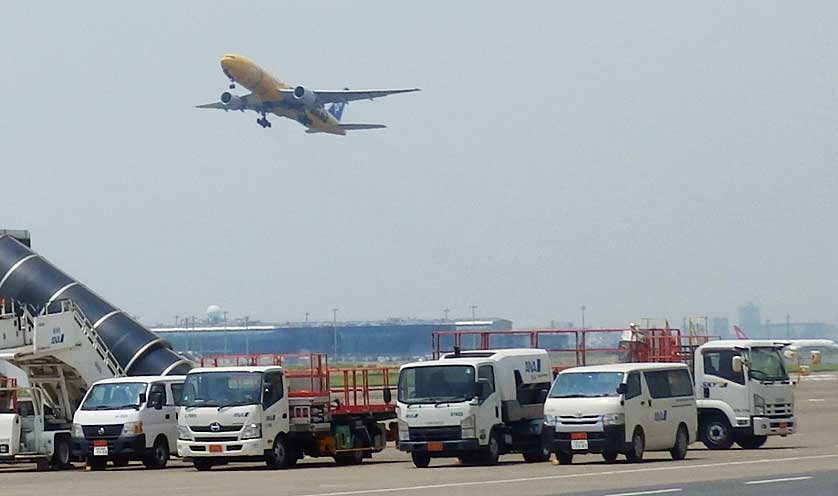 Star Wars themed ANA plane taking off outside the maintenance hangar, Japan.