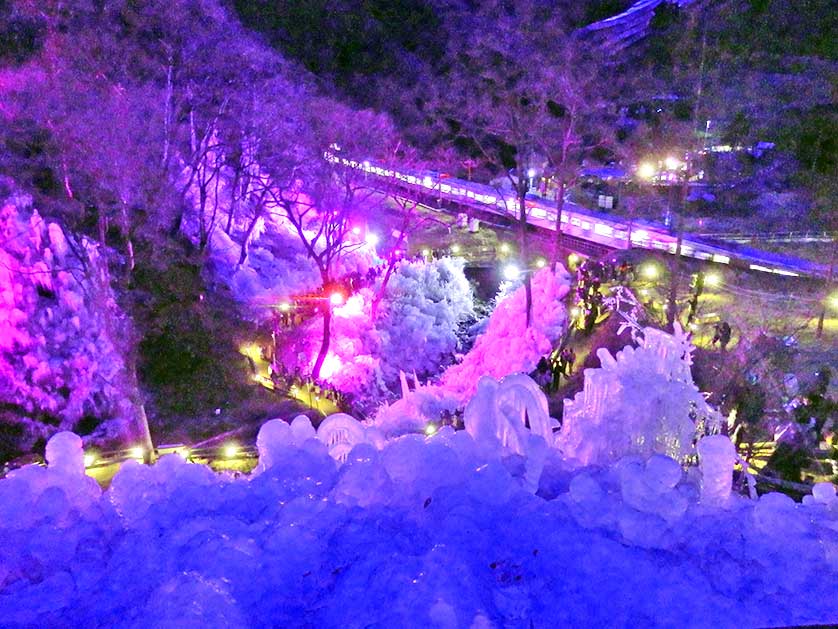 A train passing by the illuminated Ashigakubo Icicles.