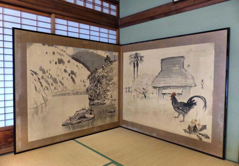 Traditional historical painting on display at the Awa Ikeda Tobacco Museum.