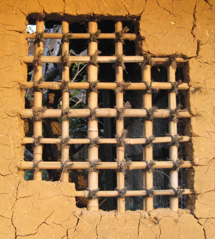 Bamboo reinforced adobe wall.