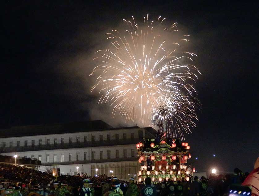 Festival float with fireworks in the background, Chichibu Night Festival.