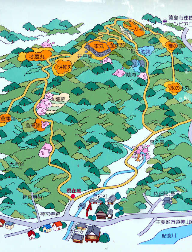Map of the paths to the castle ruins including cherry blossom spots.