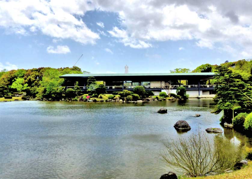 View across the biggest pond to the Rest House in the Japanese Garden at Expo Park, Osaka