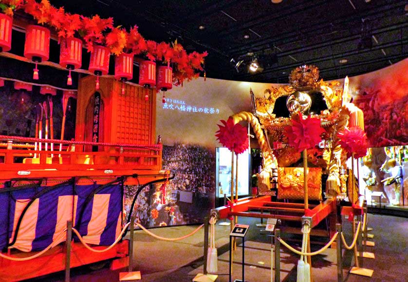Giant floats carried during festivals on display at Hyogo Museum of History.