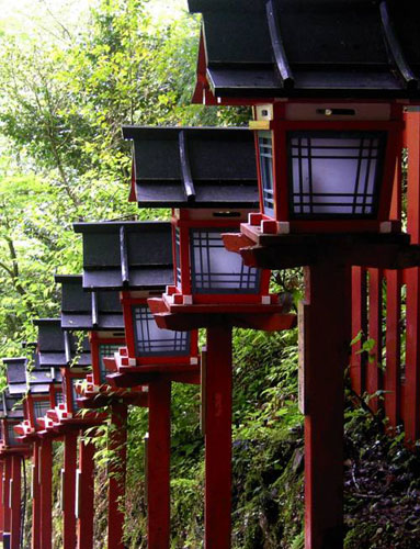 Wooden lanterns at Kifune Shrine, Kyoto.