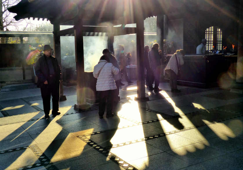 The grounds of Isshinji Temple are crowded with worshippers every day, Osaka, Japan.