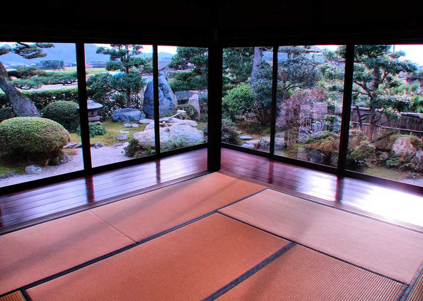 Tatami room and view of the garden, Shimane, Japan.