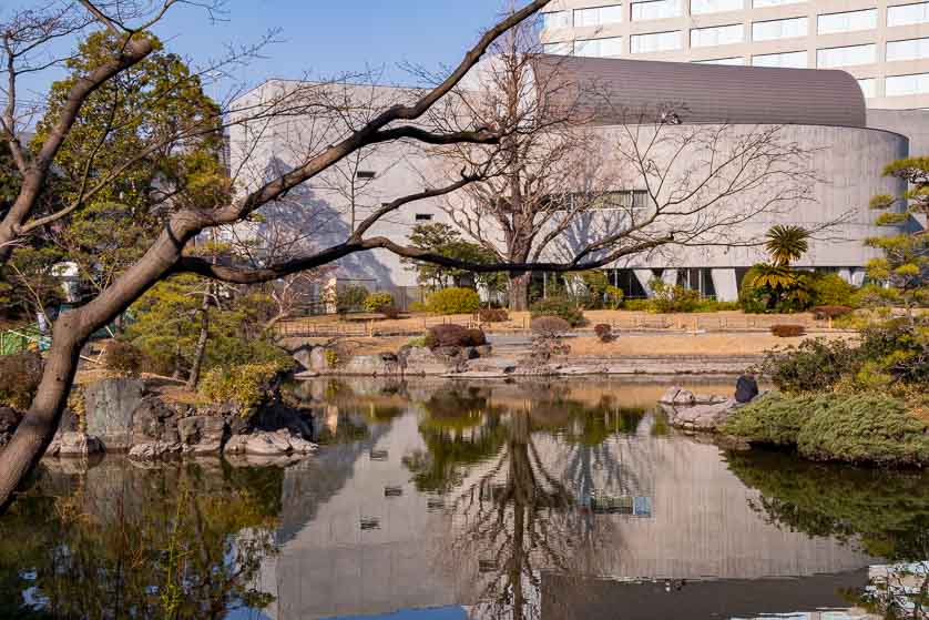 The Japanese Sword Museum from inside Kyu-Yasuda Teien Garden, Yokoami-cho, Sumida ward, Tokyo.