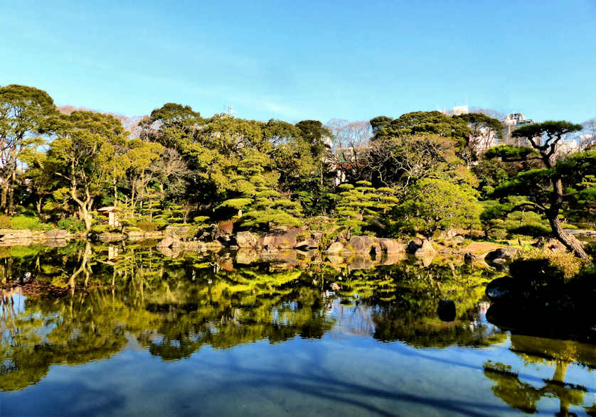 The large pond at Keitakuen Garden in Tennoji Park, Osaka, Japan.
