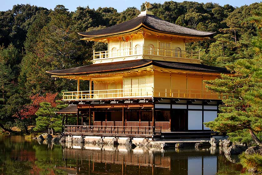 Kinkakuji temple Kyoto set in trees.