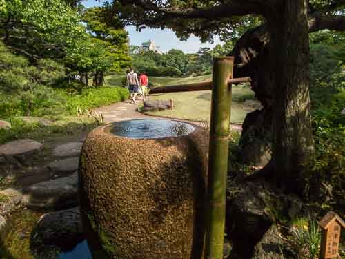 Stone water trough in Kiyosumi Teien Garden.