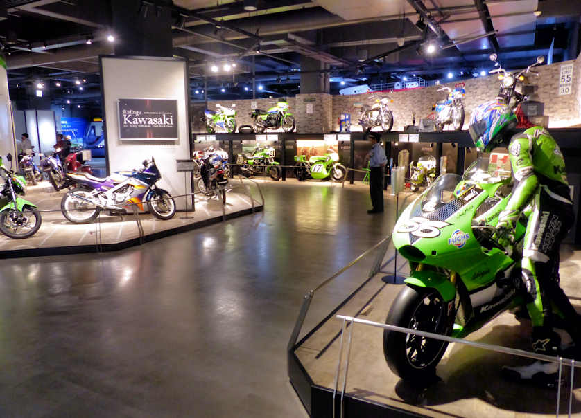 A wide range of Kawasaki motorcycles on display at Kawasaki Good Times World, Kobe.