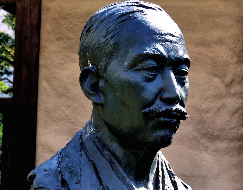 A bust of Japanese writer Mori Ogai in front of his former home in Kokura, Kitakyushu.