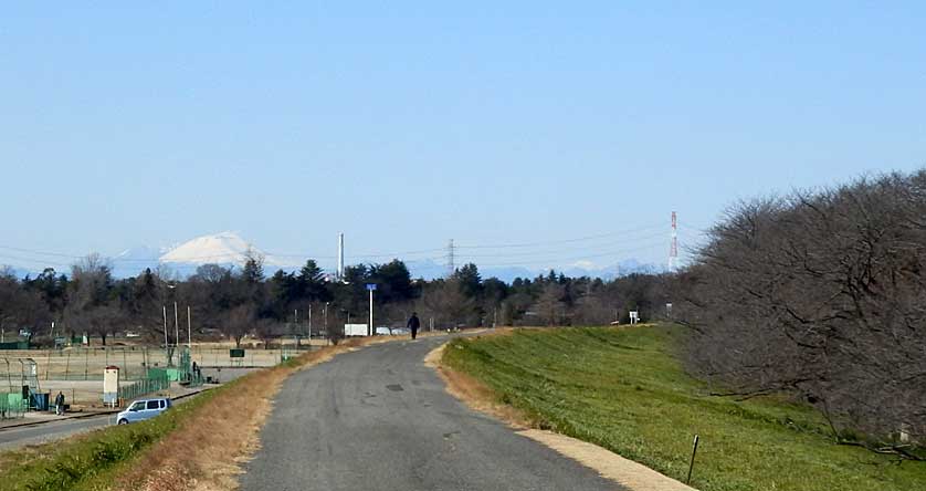 Arakawa River Park with view to snow-covered Mount Asama, Kumagaya.