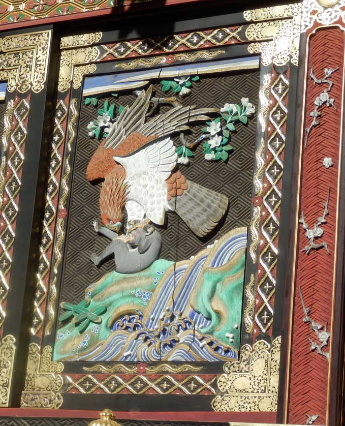 Eagle rescues monkey - artwork on the Inner Hall of Menuma Shodenzan Temple,  attributed to Jingoro Hidari.