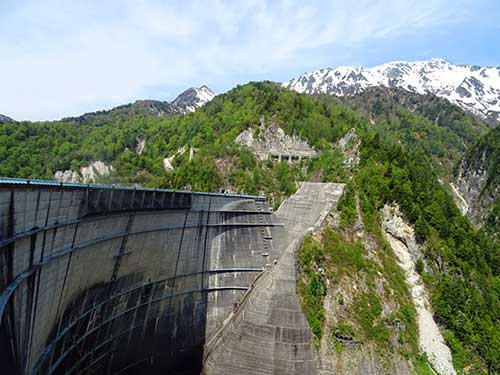 Walkway and Mountain Peaks at Kurobe Dam.