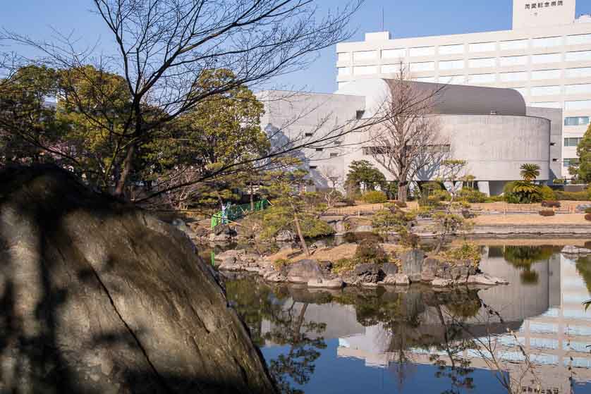 The Japanese Sword Museum from inside Kyu-Yasuda Teien Garden, Yokoami-cho, Sumida ward, Tokyo.