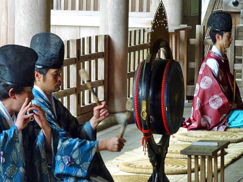 Miho Shrine Priests Playing Sacred Music, Japan.