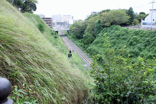 Railway embankment constructed from the former earthen walls of Mito Castle.