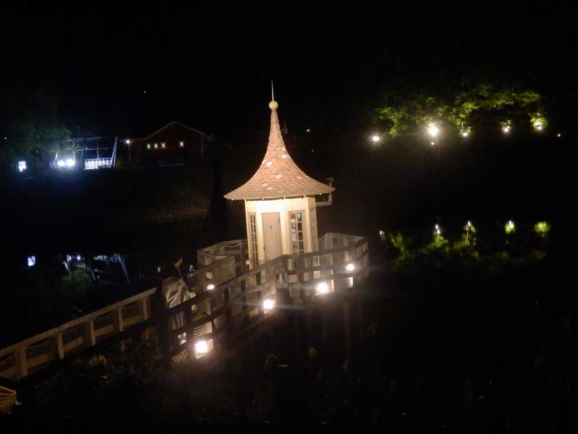 Uimahuone bath house at night, Moomin Valley Park, Hanno.