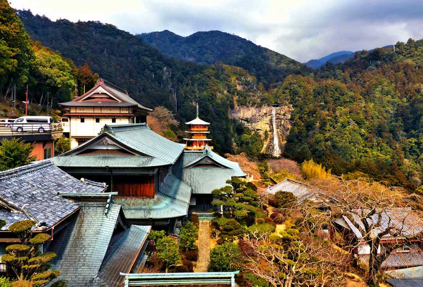 View of Nachi Falls and Seigantoji Temple from Nachi Taisha Shrine, Wakayama.