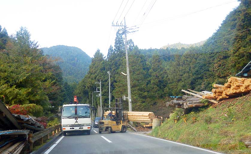 Life is slow in Naguri. Wood transport blocking Route 53 towards the Yamabushi Pass.