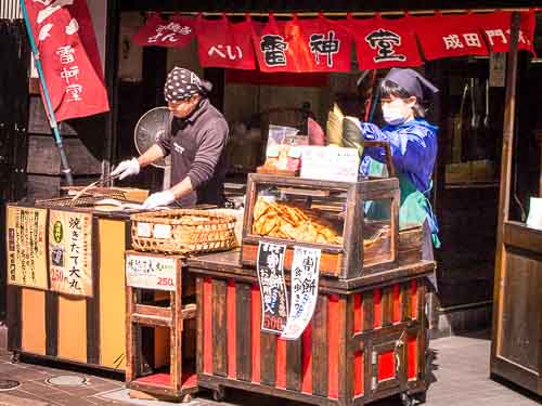 Stall selling sembei crackers, Omotesando Street, Naritasan Temple, Narita, Japan.
