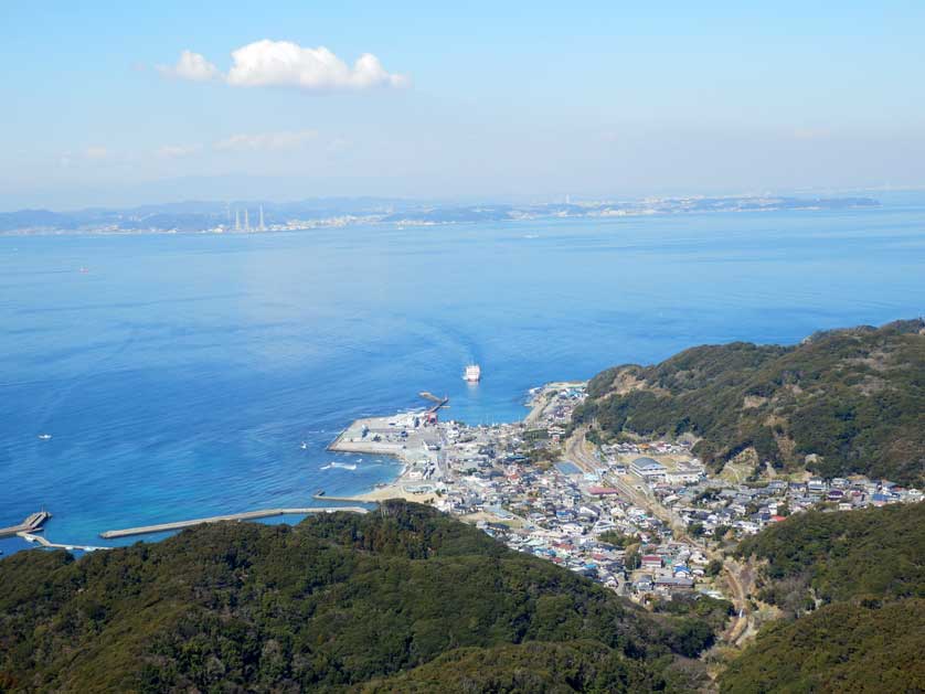 View from Mount Nokogiri towards Kanaya Town and an incoming Tokyo Wan Ferry, Japan.