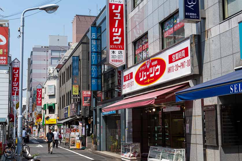 Ruby Street, full of jewelry and gem stores, Okachimachi, Tokyo, Japan.