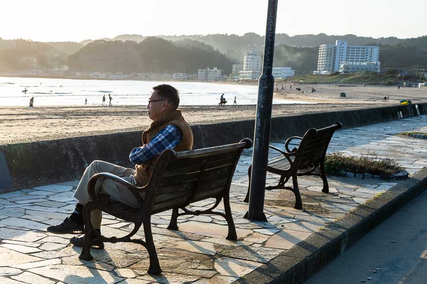 Relaxing on the Onjuku beach promenade.