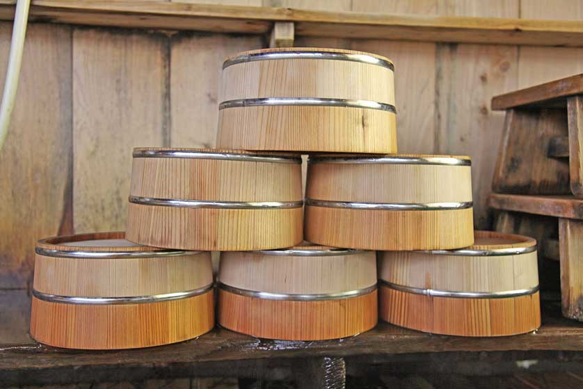 Onsen buckets or oke neatly stacked, Japan.