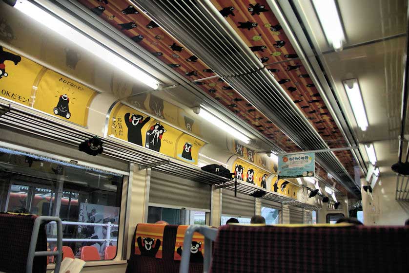 Interior of one of the Kumamon themed trains on the Orange Hisatsu Railway.