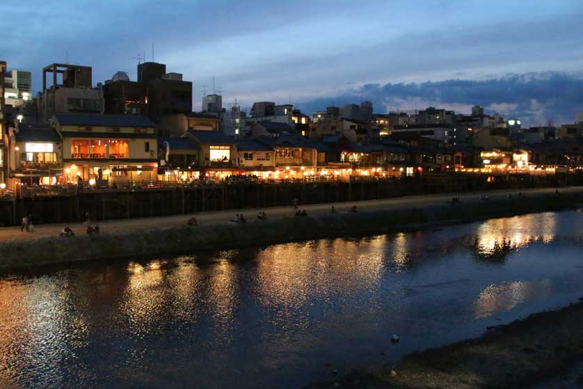 Pontocho seen from the Kamo River, Kyoto, Japan.