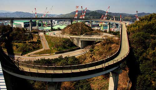 Arriving on Shikoku, the bike ramp from the Kurushima Kaikyo Bridge.