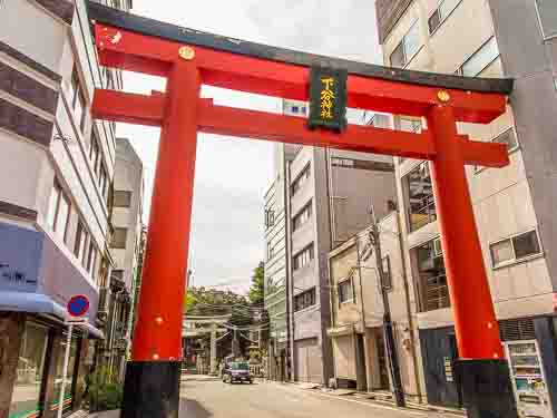 Torii arch on Asakusa-dori for Shitaya Shrine, Taito ward, Japan.