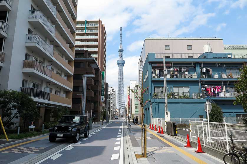 Tokyo Skytree, seen from Hokusai-dori Avenue in Kinshicho.