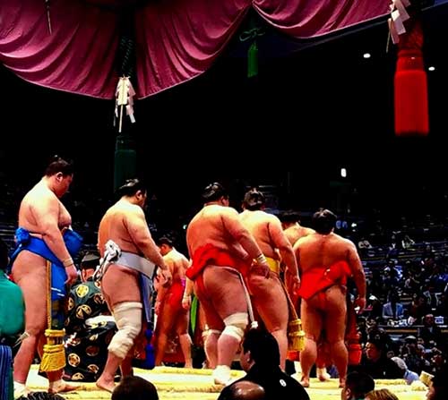 Parade of sumo wrestlers in the ring.