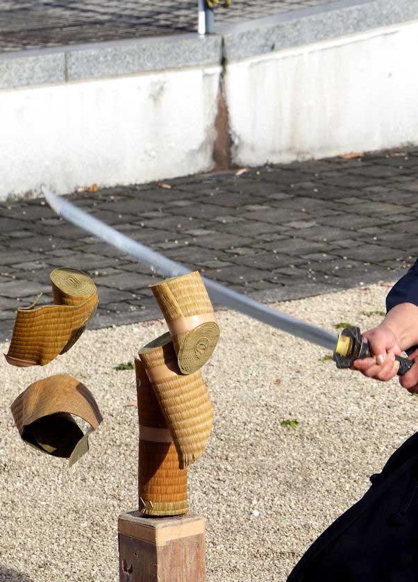 A demonstration of Tameshigiri, sword testing, at Okuizumo Tatara Sword Museum, Japan.