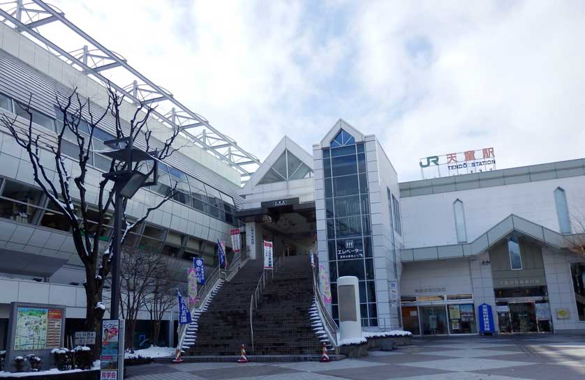 JR Tendo Station. The entrance on the right leads into the Tendo Shogi Museum.