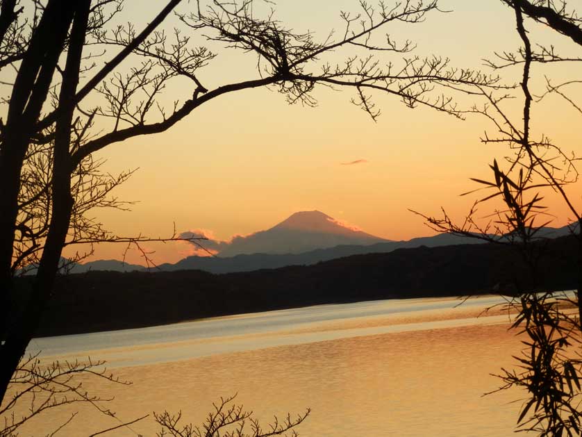 Mt Fuji seen far beyond Sayamako reservoir.