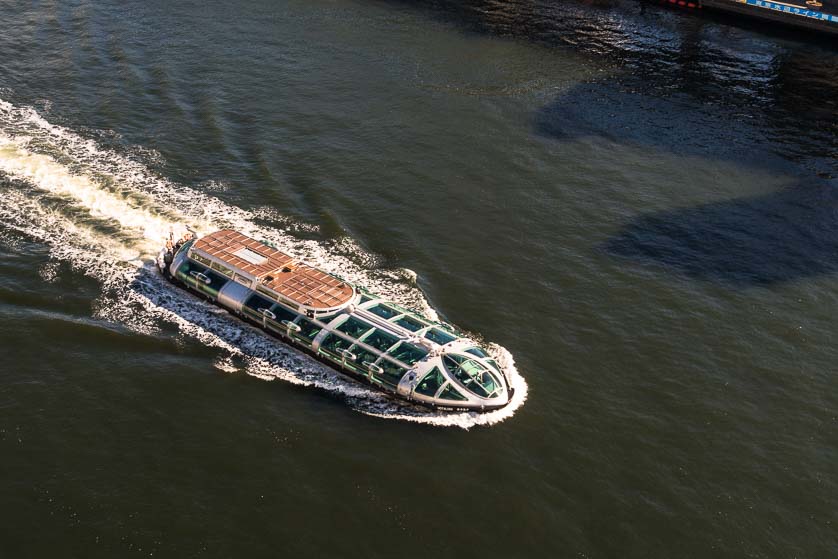 One of Tokyo Cruise Line's futuristic cruise boats on the Sumida River, Tokyo.