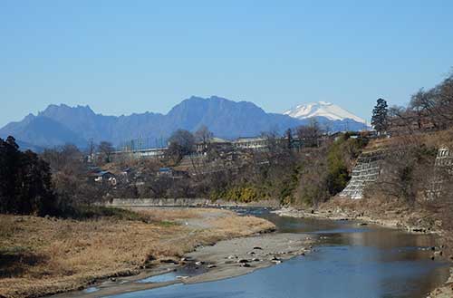 View from the Kabura River to the silk mill, to Mount Myogi and Mount Asama.