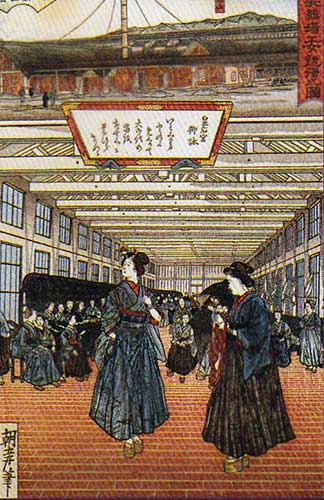 Woodblock print from the early days of the Tomioka Silk Mill, Tomioka, Gunma Prefecture.