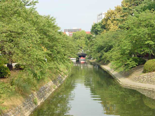 View of Toyama Castle moat and grounds.